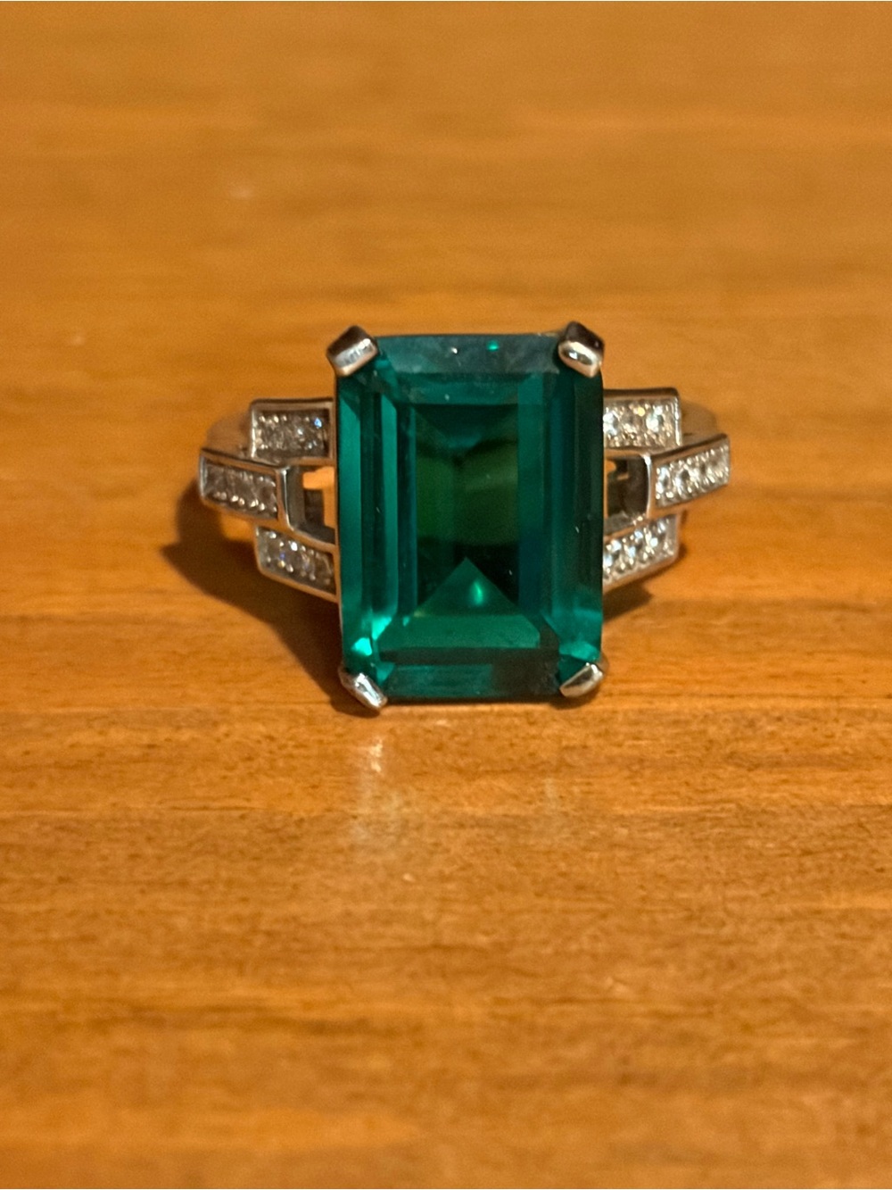 Art Deco Style Emerald Green Cocktail Ring with Pave Accents